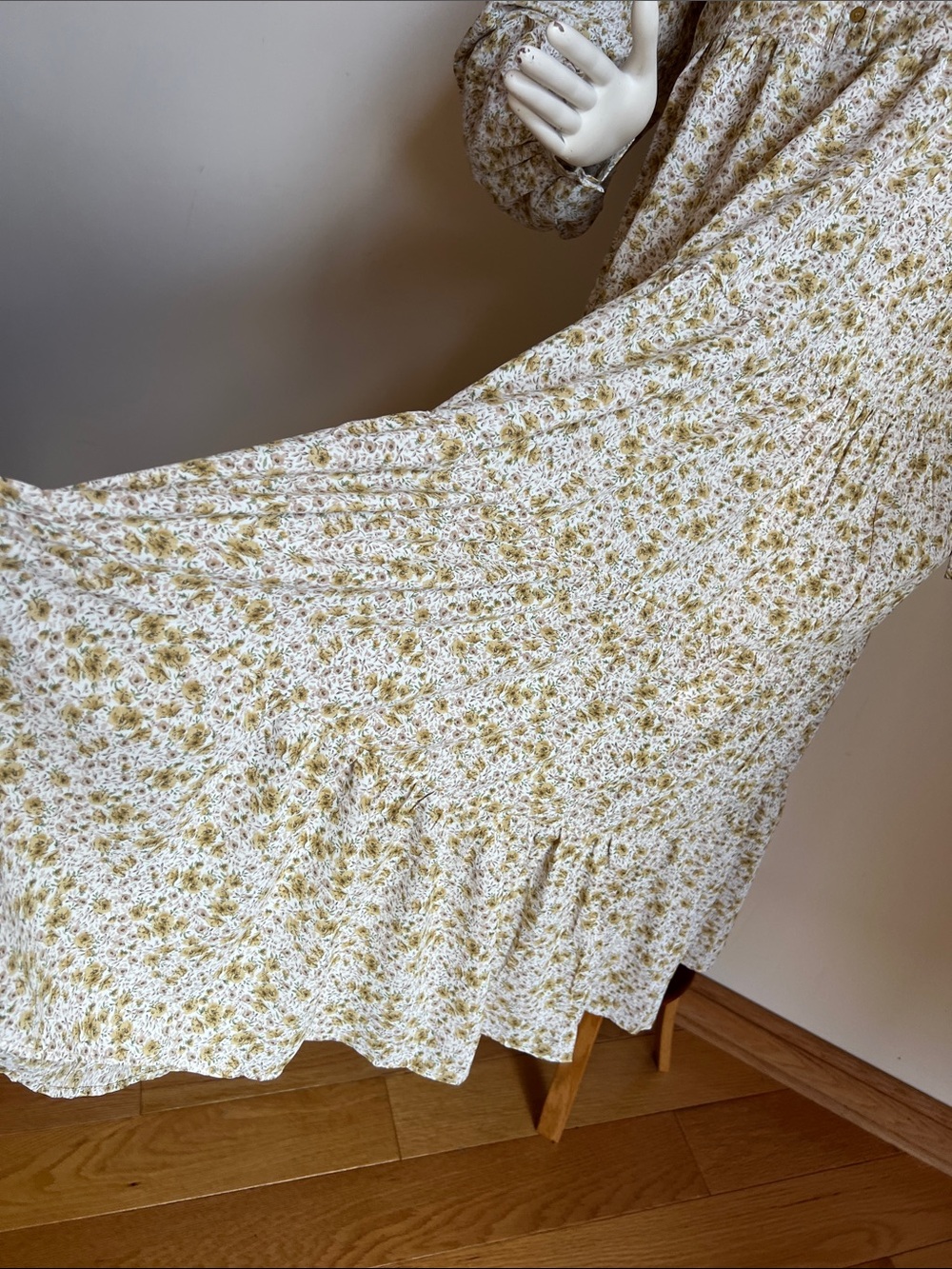 in loom Tiered Yellow Floral Maxi Dress with Button Yoke balloon sleeve cottage - Picture 4 of 8